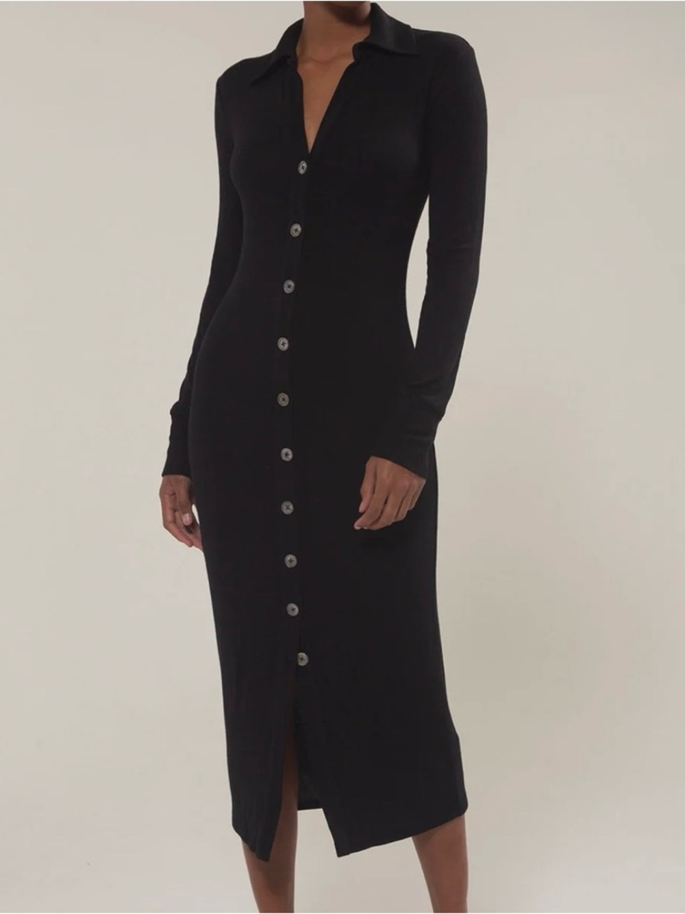 Women’s Ribbed Black Knit Button Up Midi Sweater Dress Chic Party Stretch Sz M